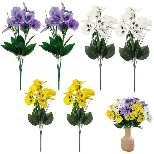 Artificial Pansies for Outdoors 6 Bundles 14in Fake Flowers DIY Faux Flowers 10 Flowers Realistic Artificial Flowers for Garden Wedding Porch Centerpieces, Mixed Color, Artificial Flowers, Artifi