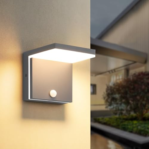 LED Wandleuchte Aussen Innen mit Bewegungsmelder,12W Aussenlampe IP54 wasserdichte,Aluminium Modern Wand Lampe 3000K Warmweiß Außenleuchte,Wandlampe Außen für Terrasse Eingang Garten Balkon,Anthrazit