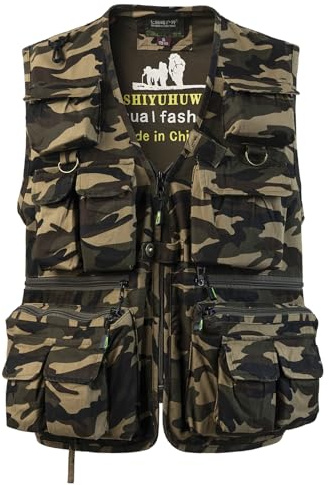 SUSHIMIAN Chaleco de Pesca con Múltiples Bolsillo para Hombre Chaleco Tip Safari Chaqueta Sin Mangas de Caza Chaleco de Fotografía, Camuflaje Caqui, M