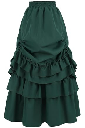 Fiamll Damen Gothic Steampunk Rock High-Low Saum Mittelalter Maxirock Renaissance Rock mit Rüsche,grün,XL