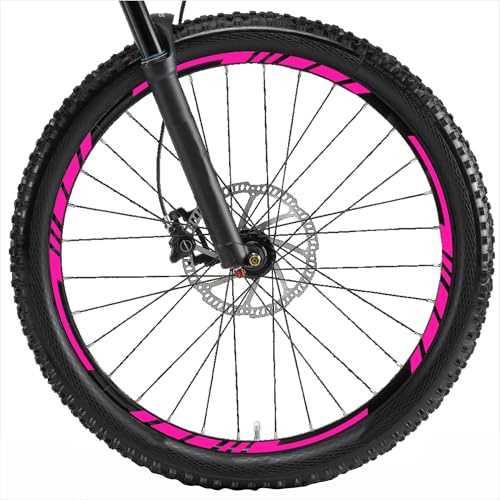Decalart Kit d'autocollants pour jantes de roues de vélo VTT de course et sport 26 27,5 28 29 pouces complet 2 roues décalcomanies autocollants filet rayures L001 (046 Rose FLUO, 28-29 pouces)