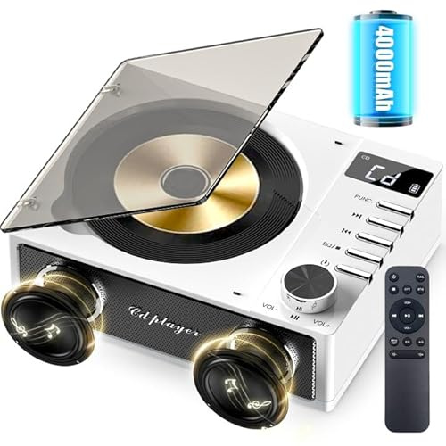 Bluetooth Desktop CD-Spieler,4000mAh Wiederaufladbarer CD-Spieler,Boombox mit Fernbedienung, LCD-Display, Unterstützung von USB/TF-Karte/AUX/3.5mm Kopfhöreranschluss（Weib）