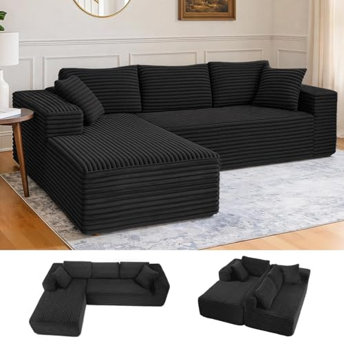 COMHOMA 105 ” modulares Sofa mit tiefer Sitzfläche, L-förmige Couch mit Breiten Armlehnen, Cordstoff, hochdichter Schaumstoff, Chaiselongue für das Wohnzimmer, kein Zusammenbau erforderlich, schwarz