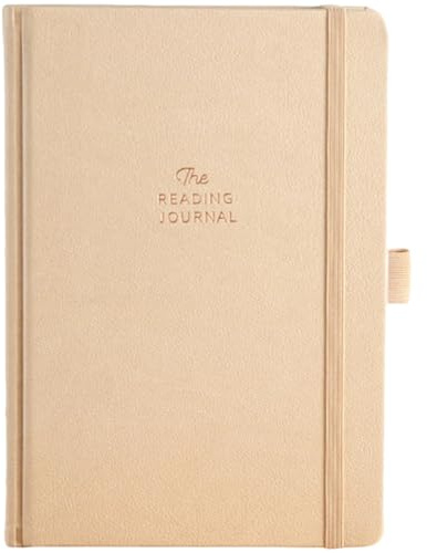 Deskium A5 läsjournal i beige PU-läder, 208 sidor med boktema-meddelanden, bärbar 14,5 x 21,1 cm anteckningsbok för bokloggar, inkluderar elastisk stängning, perfekt för att spåra personliga läslistor