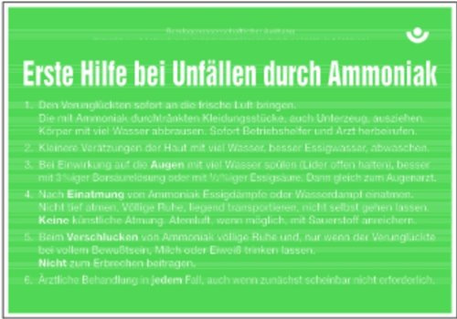 LEMAX® Aushang, Erste Hilfe bei Unfällen durch Ammoniak 300 x 430 mm Alu geprägt Grün Aufdruckfarbe: Weiß 430x300mm