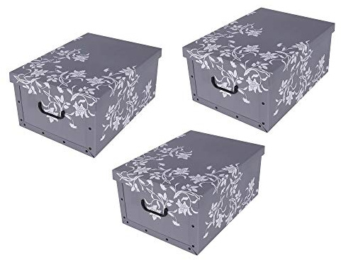 Kreher 3 Stück XXL Dekokarton mit modernem Muster Barock Blumen Grau - Tolles Motiv, passt in jeden Haushalt! Edel und hochwertig! Mit Griffen zum Tragen und XXL Volumen!