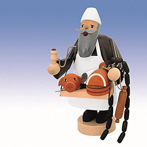 Rudolphs Schatzkiste Räuchermann Fleischer mit Bauchladen BxTxH= 10x9x19cm NEU Rauchen Rauchfigur Rauchmann Räucherfigur Räucherkerze Smoker Kerze Figur Mann Holz Seiffen Erzgebirge Holz Schnee