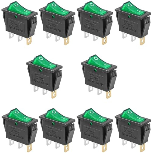 Oiyagai Lot de 10 Interrupteurs Rocker KCD3-3P SPST – 3 Broches ON/OFF avec Voyant LED Vert, 20A/125V 16A/250V pour Commande d’Alimentation AC
