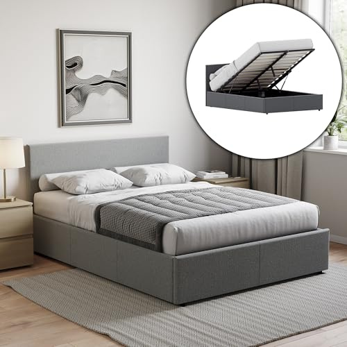 Vida Designs Veronica Double Ottoman Bed Frame | Light Grey Linen | 82 H X 144 W x 200 D cm (4ft6) | Upholstered Linen Headboard | Gas-Lift | Large Storage | Slatted Base | Premium Bedroom Furniture