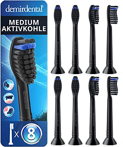 demirdental Aktivkohle Ersatzbürsten passend für Philips Sonicare Ersatzbürsten, Medium Ersatzbürsten für natürliche Reinigung, Schwarz, entspricht HX9058mb, 8er Set