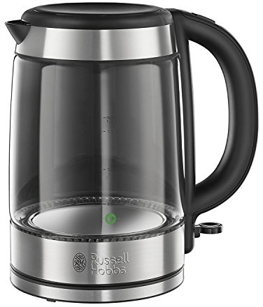 Russell Hobbs 21600-10 Illuminating Glass Kettle, Black, 1.7 Litre, 3000 Watt & Hobbs Powersteam Ultra 3100 W Vertical Steam Iron 20630 - Black and Grey