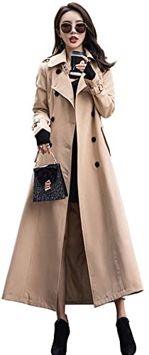 ebossy Women's Double Breasted Duster Trench Coat Slim Full Length Maxi Long Overcoat (Large, Khaki)