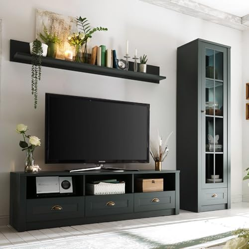 Lomadox Wohnzimmer Wohnwand in edlem grün, inkl. Vitrine mit LED-Rückwandbeleuchtung