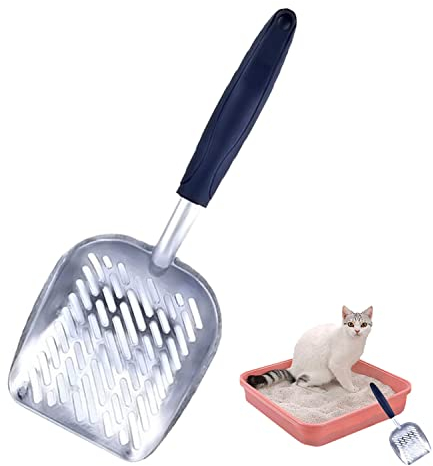 Voarge Katzenstreu Schaufel, Haltbare Aluminium Metall Katzenklo Schaufel, mit Bequemem Gummi Langer Griff für Haustier Katzen Kätzchen für Haustier Katzen und Hunde