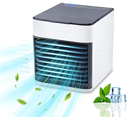 Enfriador de aire personal, ventilador portátil USB con 3 velocidades y luz LED, mini humidificador para habitación, oficina y dormitorio