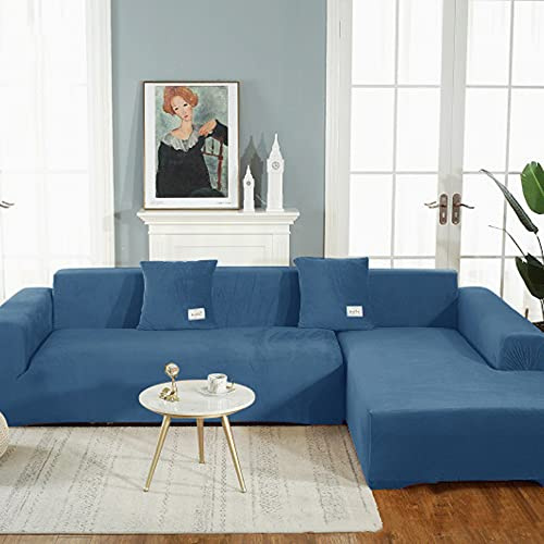 OKJK Samt Sofaüberwurf Stretch All-Inclusive Couchbezug Eckcouch, Wohnzimmer Vier Jahreszeiten universeller l Form Sofabezug, Pflegeleichter Sofaschutz (Sapphire Blue,Part A-A 140-185cm)