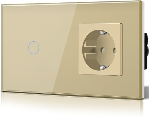 BSEED Touch Lichtschalter mit Steckdose aus Glas, Modern Steckdosen Unterputz, Wandschalter mit LED Hinterlicht (Kein Neutralleiter erforderlich), Kein WLAN, 157mm 1 Fach 1 Weg Gold