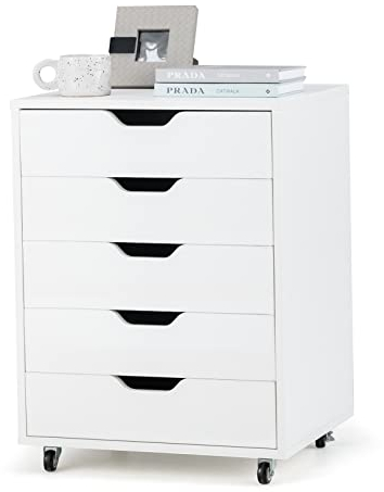 COSTWAY Rollcontainer mit 5 Schubladen, mobiler Aktenschrank mit Rädern, Bürocontainer Schubladenschrank Rollschrank Rollwagen, Schubladenkommode für Zuhause Büro (Weiß)