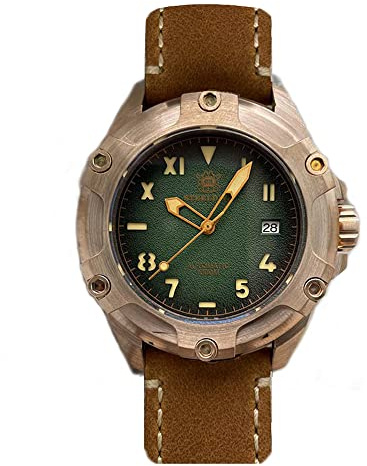 NC STEELDIVE SD1943S 45 mm Massive Bronze Vintage Diver Herrenuhren Saphirglas NH35 automatische mechanische Uhr 100 Bar leuchtendes Kautschukband Armbanduhr (Leather Strap)