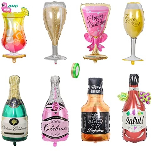 Jiuzcare 8 Pack Foil Balloons: Champagne & Glass Wine Bottles, Whisky Bottle, Unisex Adult, General Celebration, Round, Aluminium, Reusable, All Ages