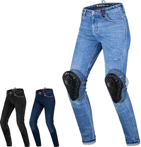 SHIMA DEVON Jeans Moto - Pantaloni Biker Ventilato Elastico Vestibilità Slim con Rinforzi in FiberQL, Protezioni CE per Ginocchia e Fianchi (Donna, Blu, 24)