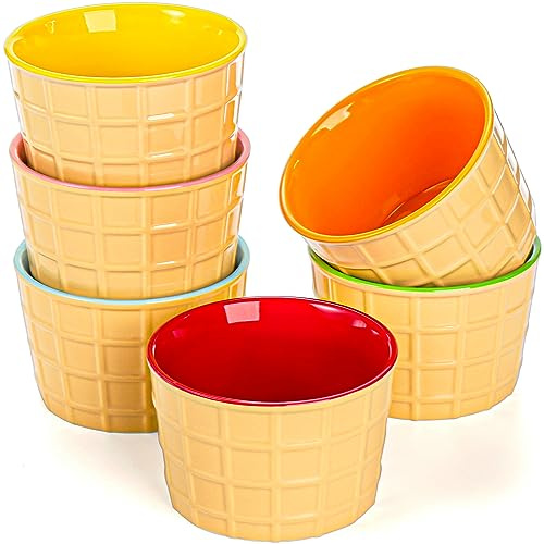 Elsjoy Set of 6 Ceramic Ice Cream Cups, 9 Oz Porcelain Dessert Bowl Reusable Sundae Cups, Mini Ice Cream Bowls for Pudding, Yogurt, Souffle