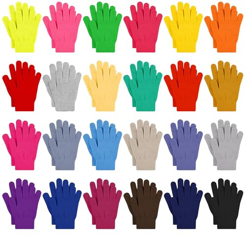 Cooraby 24 Pairs Kids Gloves Winter Magic Gloves Warm Knitted Stretchy Full Fingers Gloves (Fluorescent Yellow,Fluorescent Pink,Assorted Color, 6-11 Years)