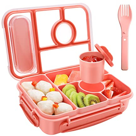 Amathley Brotdose Kinder mit Fächern,Bento Box Kinder,Brotdose Erwachsene,1300ML Lunchbox mit 5 Fächern und Saucenbehältern,Mikrowellen-und Spülmaschinenfest,BPA-Frei (Rosa)