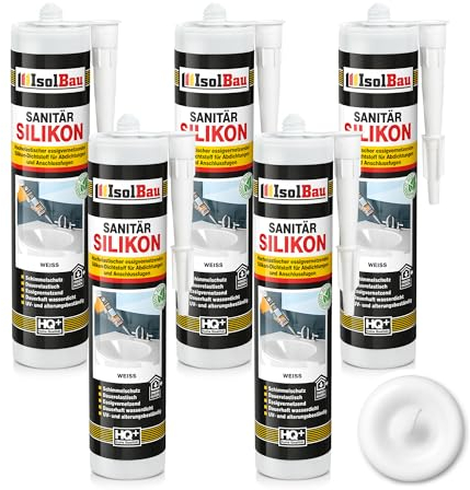 Isolbau Sanitär Silikon 5 x 300 ml Weiß - Hochelastischer Silikon-Dichtstoff für Abdichtungen & Fugen – Schimmelresistent, wasserdicht - Kartusche