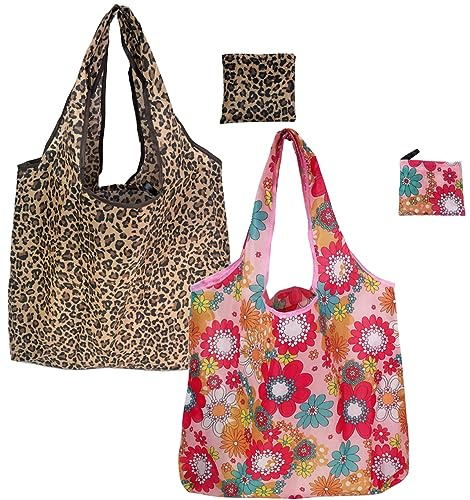 FAVORTALK Reusable Shopping Bags Foldable Groceries - 2 Pcs Washable Shopper Bag for Women Girls Lightweight Waterproof Shop Bags for Buying Vegetables Travel Household - 8708