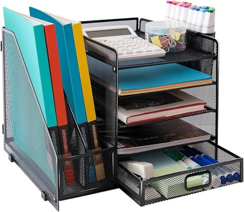 ALTOS OFFICE AND HOME Organizador de escritorio de malla metálica con 1 cajón deslizante, 5 bandejas horizontales y 2 secciones verticales, con 2 espacios para lápices y accesorios.