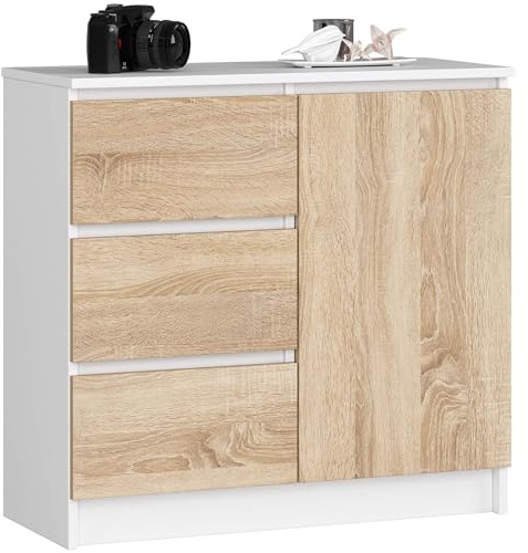 AKORD Cómoda Jerry | Cajonero con 1 Puerta 3 Cajones 2 Estantes | Credenza Alta 80 cm | 80x35x77 cm | Blanco & Roble Sonoma Frente