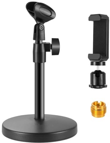Sarini Support de Microphone de Bureau Multifonction 3 en 1 Support de Micro de Table réglable avec Clip de Microphone