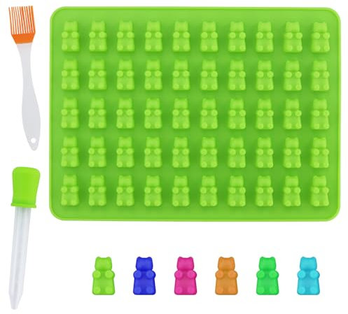 50-Cavity Bear Mould Wax Melt Moulds with 1 Oil Brush, Silicone Gummy Bear Candy Molds for DIY Baking Cake Food Chocolate Jelly, Mini Bear Baking Moulds for Chocolate, Wax Melt (Green, 1 Pcs)
