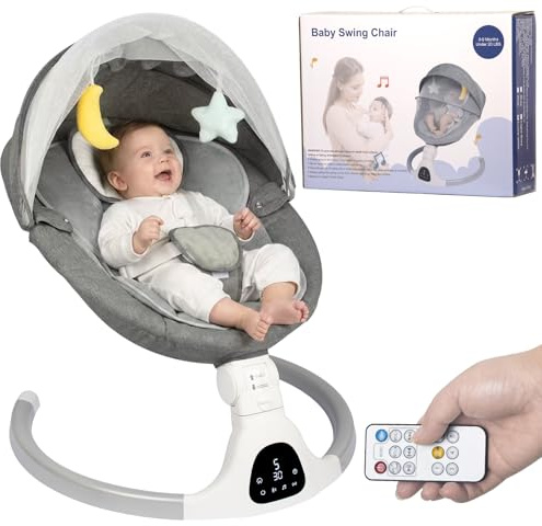 JFOVMCYG Elektrisk babygunga för spädbarn, med Bluetooth-fjärrkontroll, tidsfunktion och 10 musik, 5 gånghastigheter, 3 säten, babygunga för pojke, flicka, inomhus- och utomhusbruk (grå)