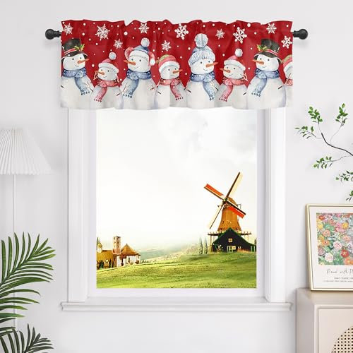 CORLIF 1 Stück Scheibengardinen Blickdicht Kurzstores Modern Küchengardinen für Weihnachten Fenstergardinen mit Schneemannmuster Breite/Höhe 230/45 cm, Rot