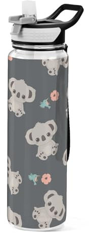 Mnsruu Transparente Sport-Wasserflasche mit Strohhalm, auslaufsichere Trinkflasche, Koala-Blumenmuster, Fahrradflaschen für Sport, Büro, Schule, BPA-freier Tritan-Kunststoff, 1 Liter