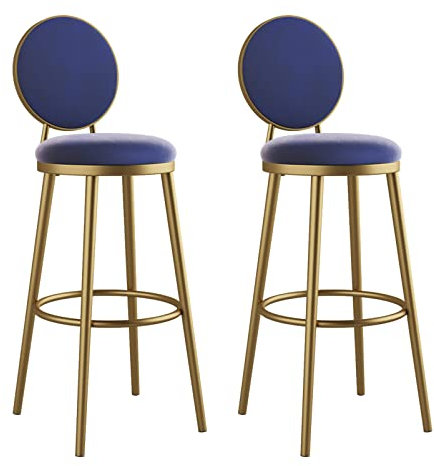 Moderne Barhocker aus Samt, 2er-Set, mit hoher Rückenlehne, Küchenthekenstühle mit goldfarbenen Metallbeinen, Frühstücks-Barstühle, Hochhocker für Küche oder Hausbar, 75 cm Höhe, Blau
