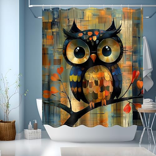 JINGYOU Duschvorhang 150x180,Duschvorhang Wasserdicht mit Gewicht Badezimmer Vorhang Badewannenvorhang Polyester Textil mit Muster mit Ösen und 12 Duschvorhangringe für Badezimmer, Badewanne,Eule