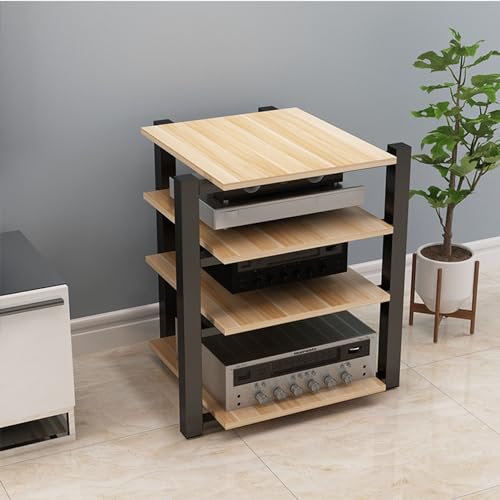 SGKOMN 4-Tier Audio Rack Media Stand Modern Living Room AV Equipment Component Cabinet Corner Audio Tower CD Player Stand Stereo Rack with Wooden Shelf and B(B-One Size)