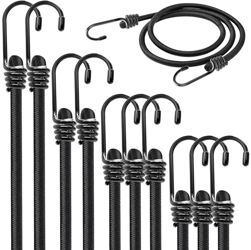 Bungee Cords with Hooks Heavy Duty Weatherproof & UV-Resistant Elastic Bungee Straps – Ideal for Securing Luggage, Camps, Tarps, Garden Furniture, Wheelie Bin Lid Covers (Assorted Size - Pack of 10)
