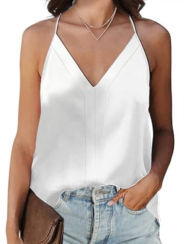 Koerye Canotta da Donna Estivo Camisole in Raso Casual Maglietta Tops Scollo a V Bluse Spalline Sottili Senza Maniche T-Shirt Bianco,S