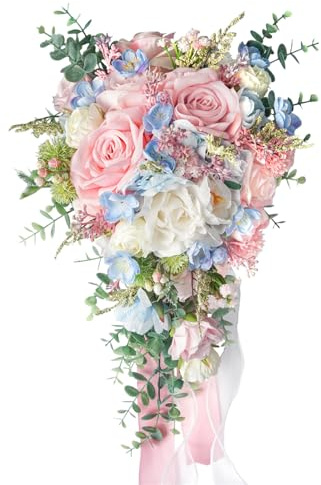 Große rosa Rosensträuße für Braut, Frühling, Sommer, Hochzeit, cremiges Blau, Rouge, Rosa, Weiß, kaskadierend, Brautstrauß, künstliche Seidenblume, Boho, rustikale Zeremonie, Jahrestag, Dekoration