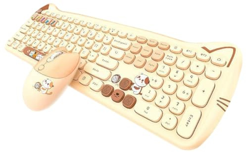 Geezer Meow Cute Puls - Set tastiera e mouse wireless, 110 tasti, color tè al latte, design a tema gatto, compatibile con Windows XP/7/8/10