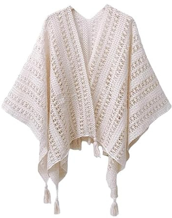 AQCQDQ Poncho da donna, morbido, semplice, retrò, cardigan, maglione primaverile, estate, autunno, a maglia, decorativo, sciarpa da donna, sciarpa, poncho boho, uncinetto, bianco, Taglia unica