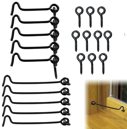 Bansusu 10 Pcs Hook and Eye Latch with Mounting Screws Black Latch Hooks | Robust and Durable Hook Lock Silent Holder Garden Gate Latchs for Door Gate Window Closet Shed