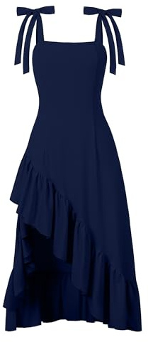 Wellwits Women's Tie Wide Strap High Low Ruffle Party Cocktail Dance Dress Navy XL