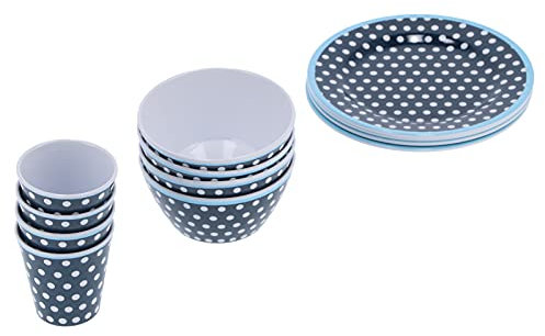 Delaman Set da 12 pezzi di stoviglie a pois blu scuro, tazza in melamina, insalatiera e piatto per uso domestico o ristorante, set da tavola, forniture per la casa