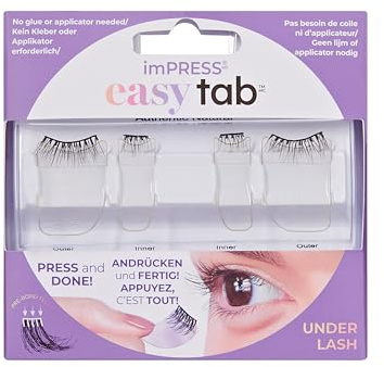 KISS imPRESS Press-On Falsies EASY TAB selbstklebende Wimpern, Schwarz, 'Authentic Natural', 1 Paar 5mm-7mm innere natürliche Volumen-Wimperncluster & 1 Paar 7mm-9mm äußere halbe Wimpern mit Easy Tabs