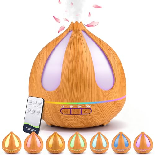 GuKKK Aroma Diffuser, 500 ml Ultraschall Befeuchter mit Fernbedienung,Aromatherapie Düfte Luftbefeuchter,7 Farben LED, Fernbedienung mit Timer-Einstellung,für Schlafzimmer,Büro (Helle Holzfarbe)